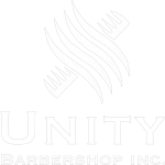 white logo of Unity Barbershop in Mississauga